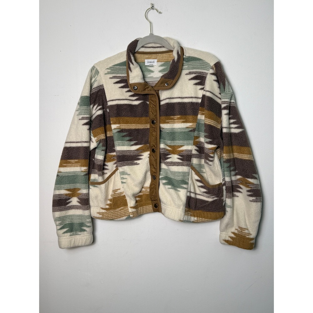 Weekends Everyday Womens Aztec Fleece Snap Front Jacket‎ Sage Brown Large